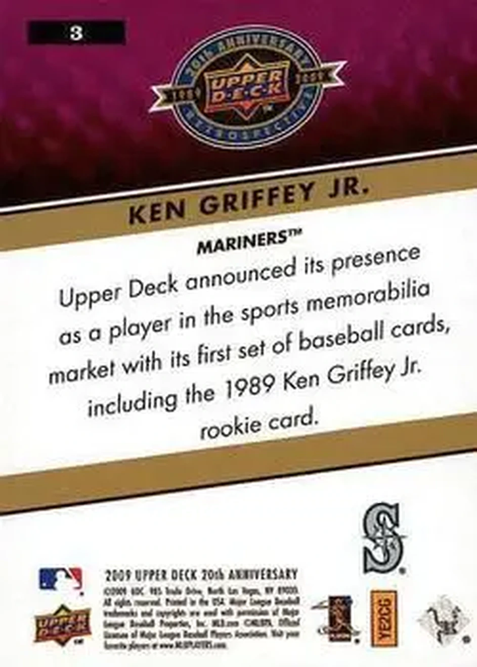 2009 Upper Deck 20th Anniversary #3 - Ken Griffey Jr. - Seattle Mariners - Back