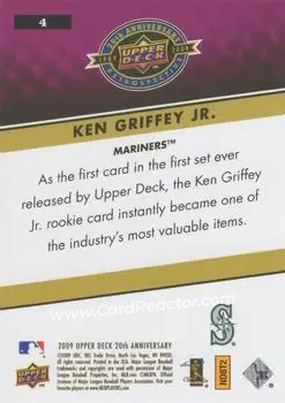 2009 Upper Deck 20th Anniversary #4 - Ken Griffey Jr. - Seattle Mariners - Back 2009 Upper Deck 20th Anniversary #4 - Ken Griffey Jr. - Seattle Mariners - Back