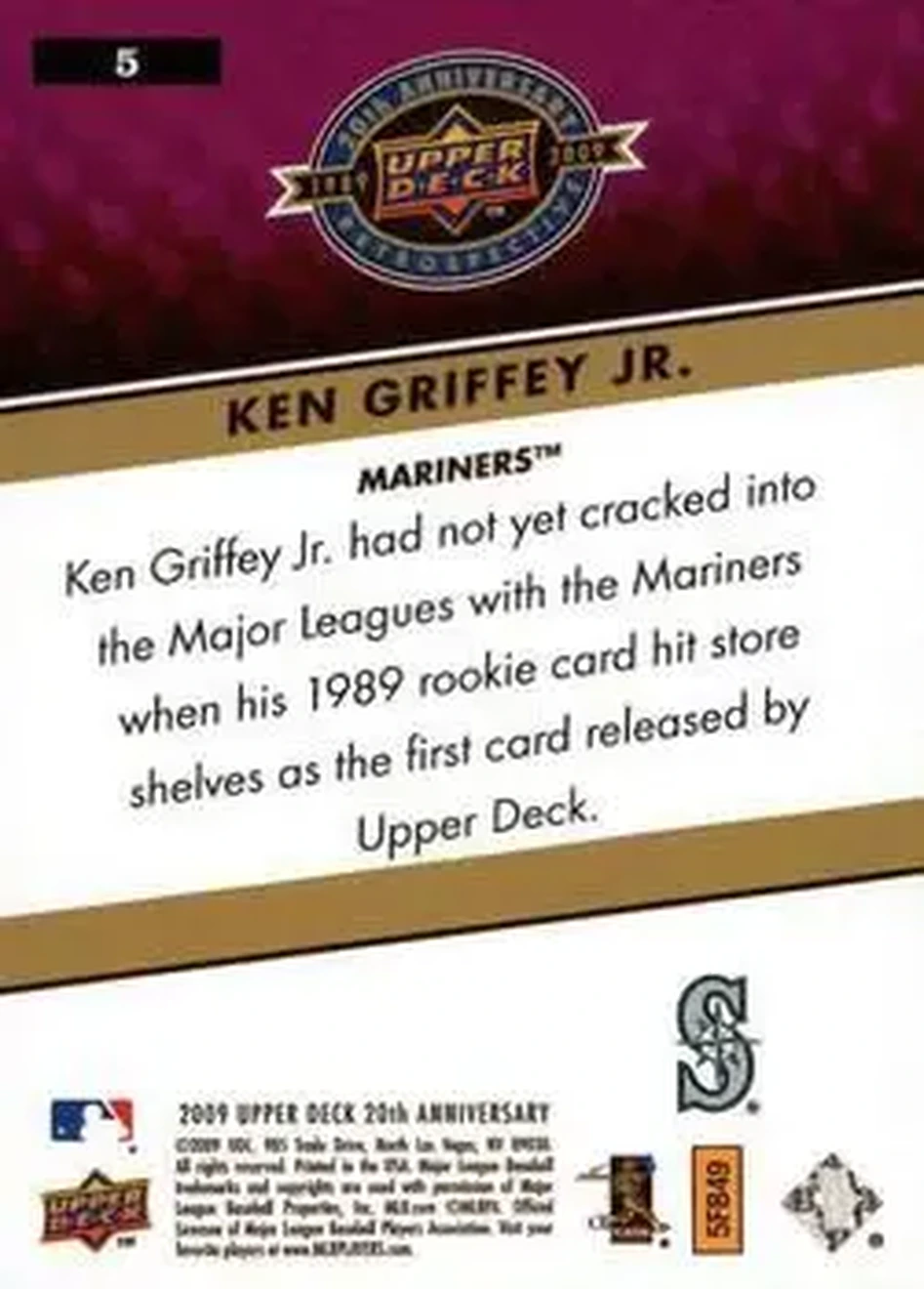 2009 Upper Deck 20th Anniversary #5 - Ken Griffey Jr. - Seattle Mariners - Back 2009 Upper Deck 20th Anniversary #5 - Ken Griffey Jr. - Seattle Mariners - Back