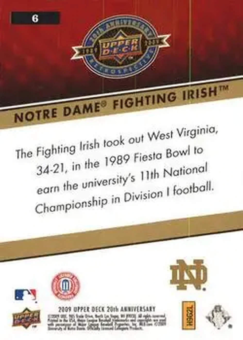 2009 Upper Deck 20th Anniversary #6 - Notre Dame Fighting Irish - Notre Dame Fighting Irish - Back 2009 Upper Deck 20th Anniversary #6 - Notre Dame Fighting Irish - Notre Dame Fighting Irish - Back