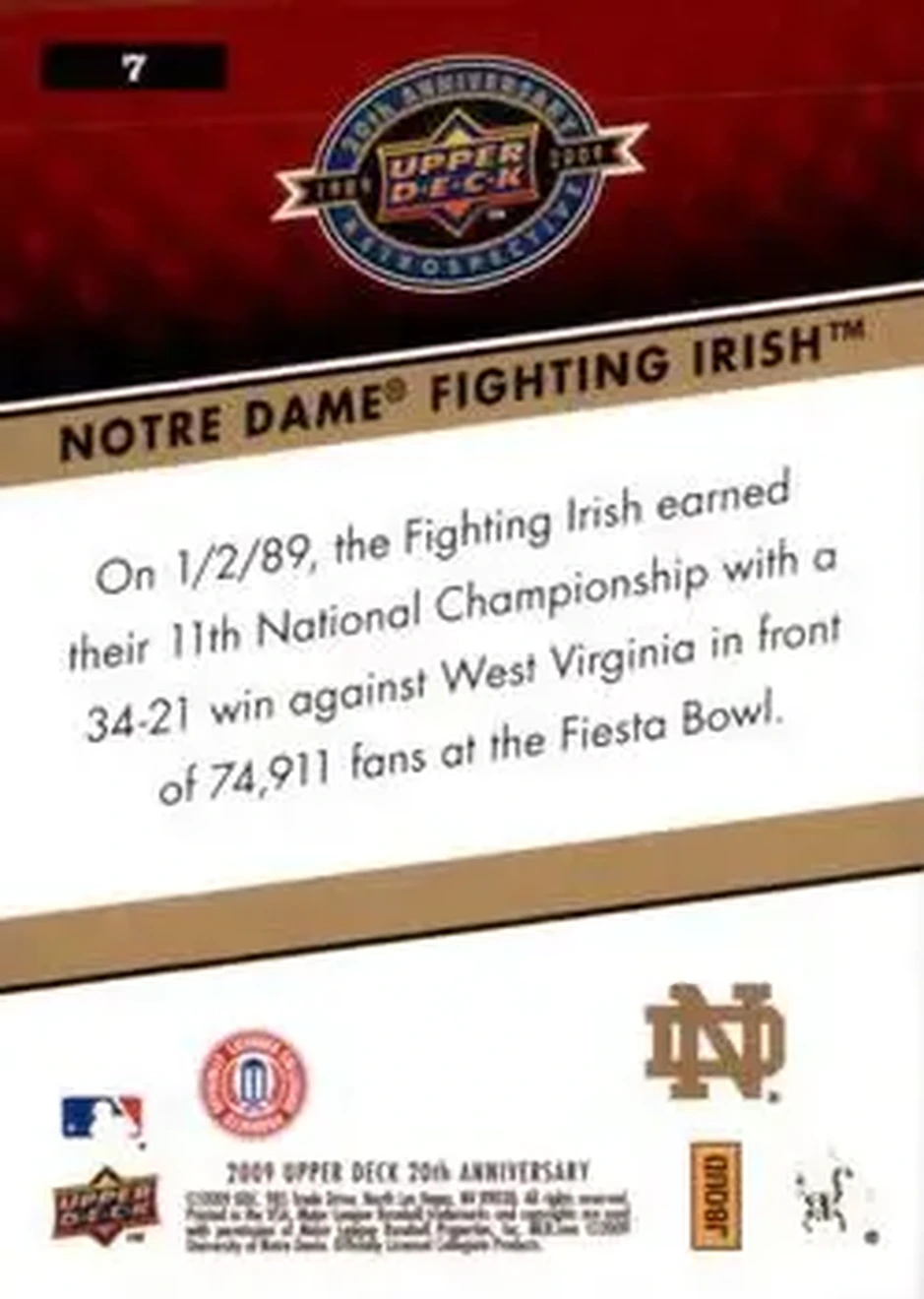 2009 Upper Deck 20th Anniversary #7 - Notre Dame Fighting Irish - Notre Dame Fighting Irish - Back 2009 Upper Deck 20th Anniversary #7 - Notre Dame Fighting Irish - Notre Dame Fighting Irish - Back