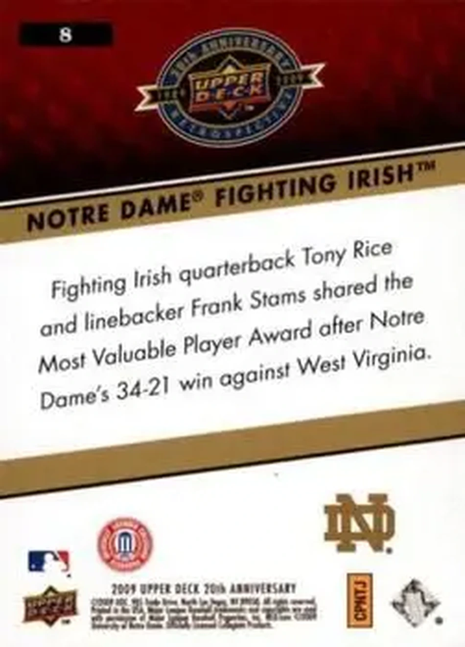 2009 Upper Deck 20th Anniversary #8 - Notre Dame Fighting Irish - Notre Dame Fighting Irish - Back 2009 Upper Deck 20th Anniversary #8 - Notre Dame Fighting Irish - Notre Dame Fighting Irish - Back