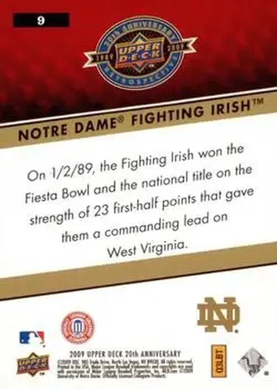 2009 Upper Deck 20th Anniversary #9 - Notre Dame Fighting Irish - Notre Dame Fighting Irish - Back 2009 Upper Deck 20th Anniversary #9 - Notre Dame Fighting Irish - Notre Dame Fighting Irish - Back