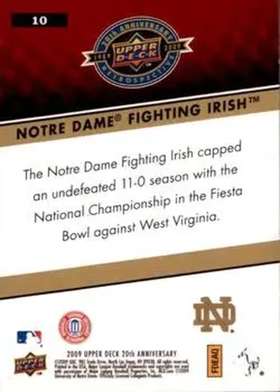 2009 Upper Deck 20th Anniversary #10 - Notre Dame Fighting Irish - Notre Dame Fighting Irish - Back