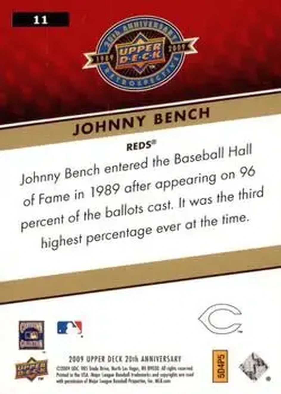 2009 Upper Deck 20th Anniversary #11 - Johnny Bench - Cincinnati Reds - Back