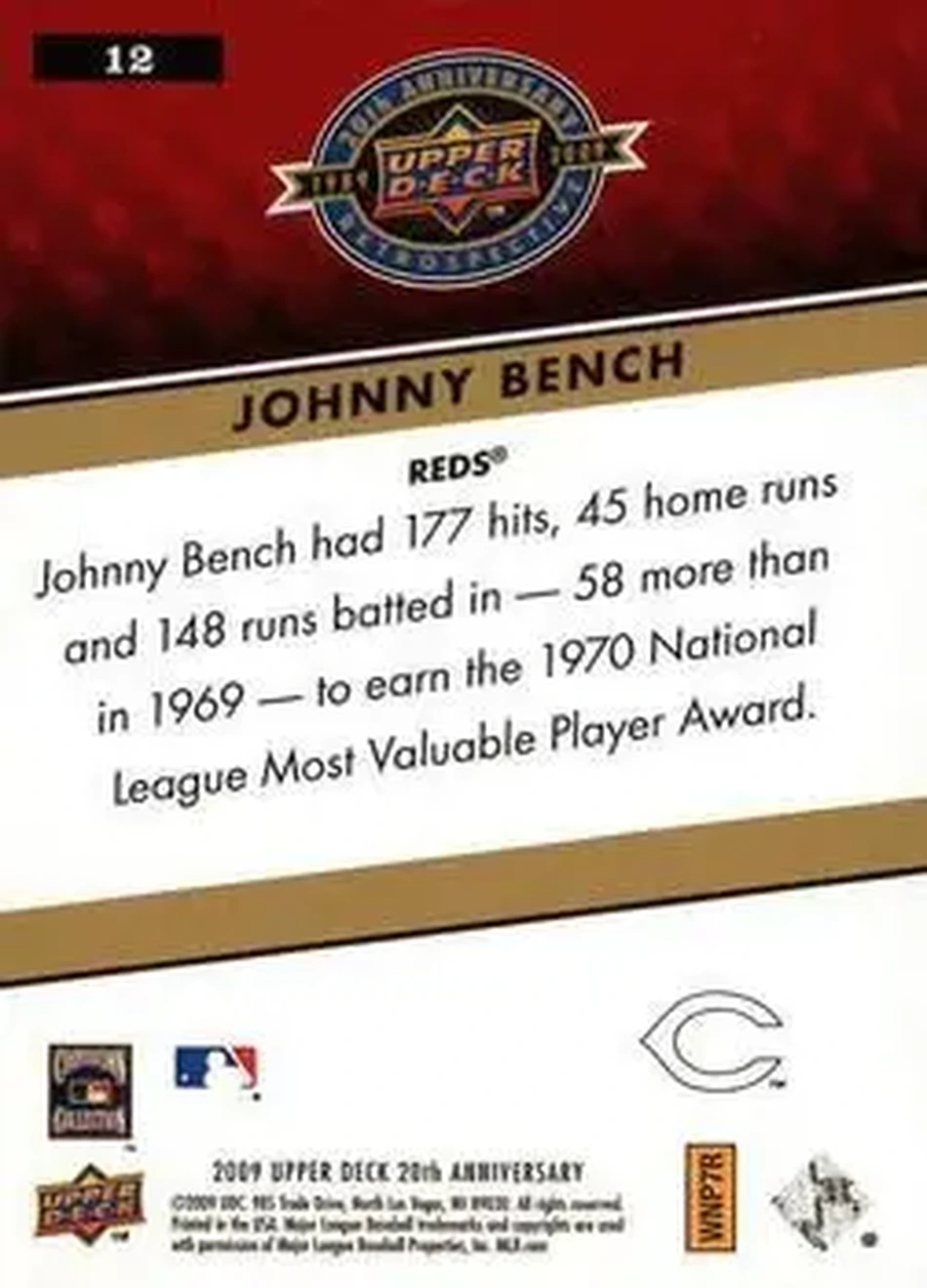 2009 Upper Deck 20th Anniversary #12 - Johnny Bench - Cincinnati Reds - Back