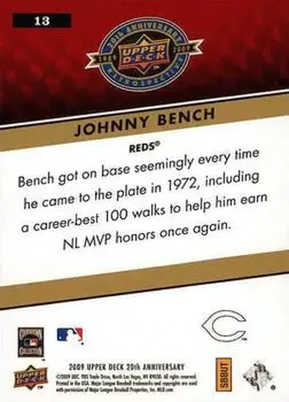 2009 Upper Deck 20th Anniversary #13 - Johnny Bench - Cincinnati Reds - Back 2009 Upper Deck 20th Anniversary #13 - Johnny Bench - Cincinnati Reds - Back