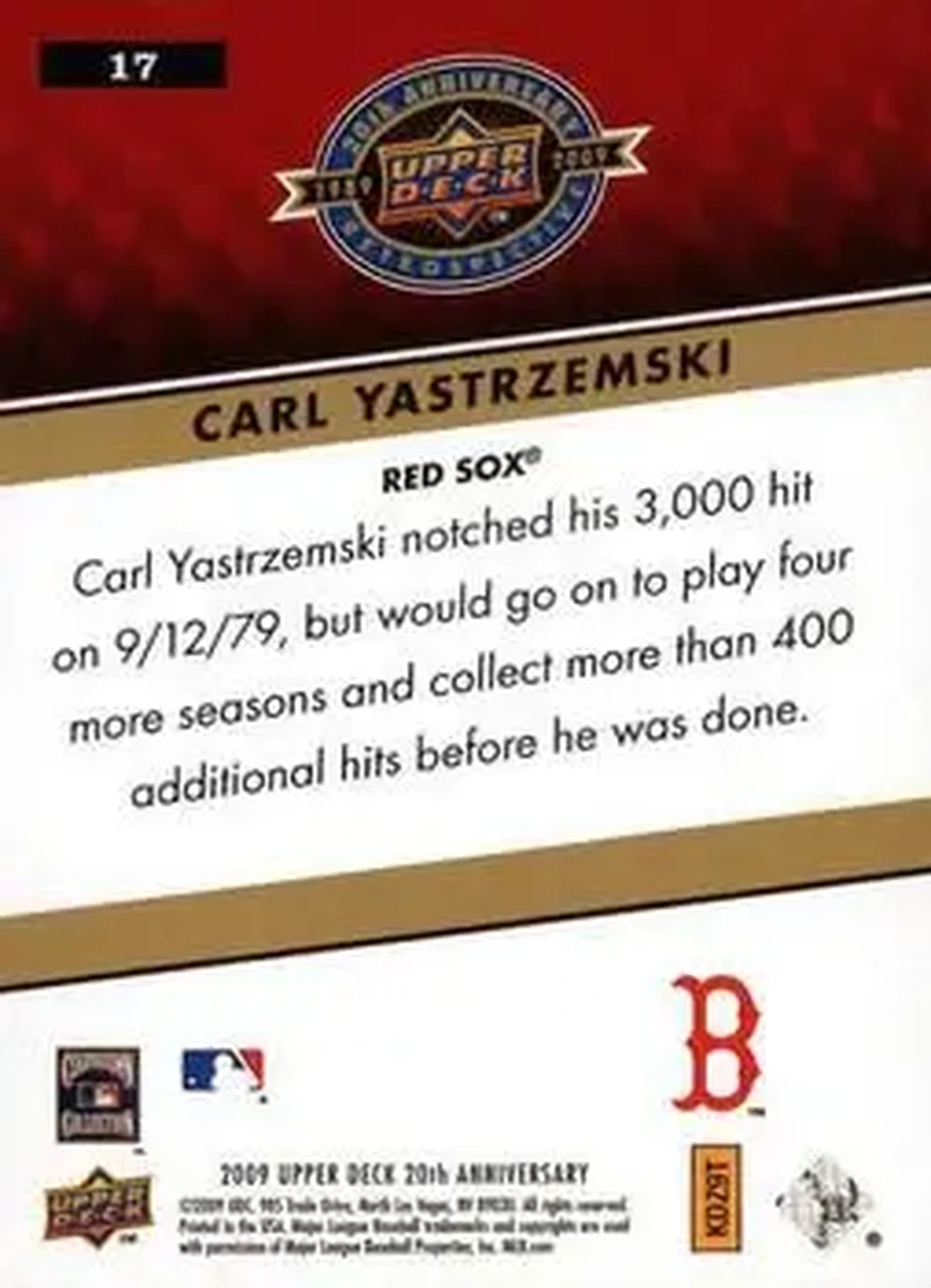 2009 Upper Deck 20th Anniversary #17 - Carl Yastrzemski - Boston Red Sox - Back