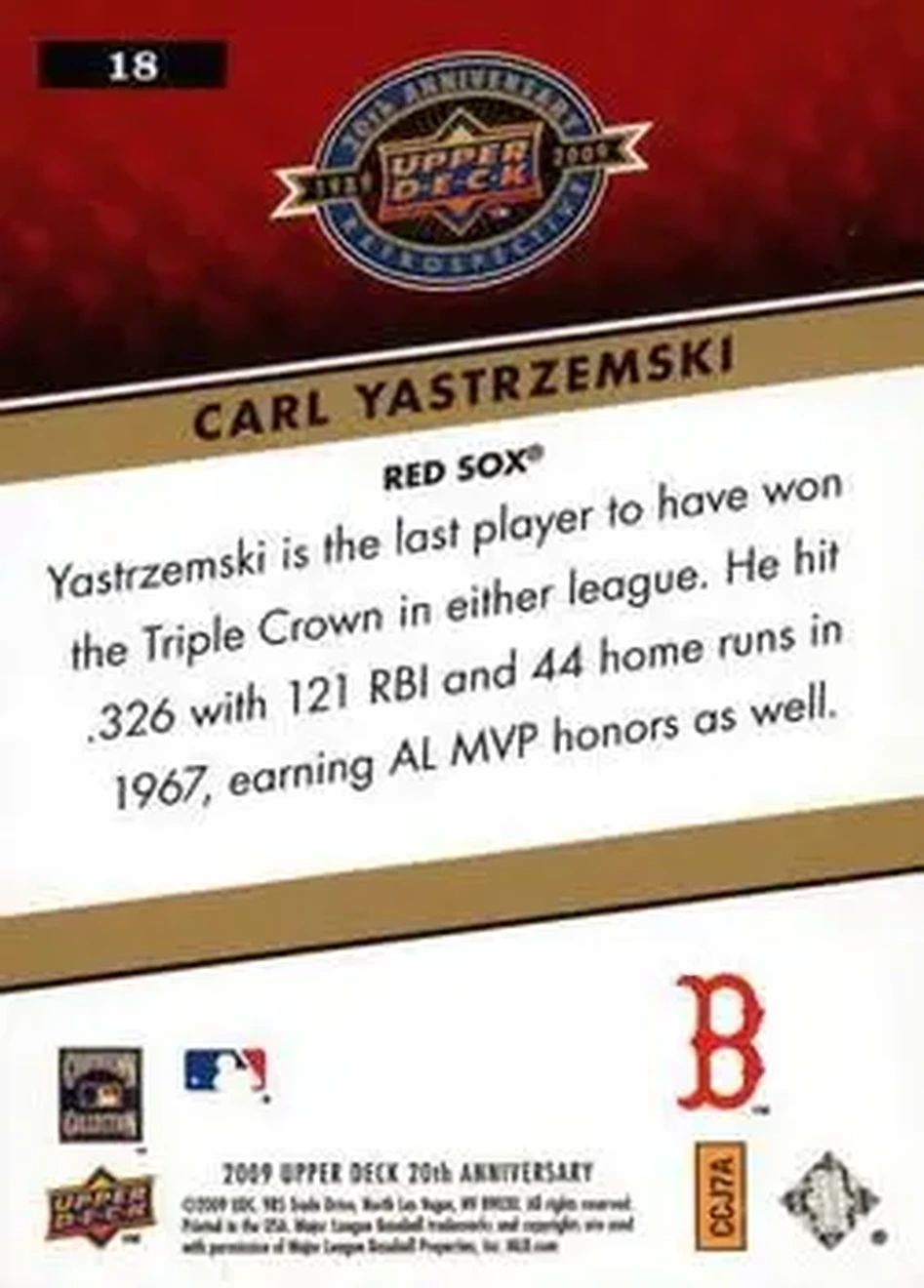 2009 Upper Deck 20th Anniversary #18 - Carl Yastrzemski - Boston Red Sox - Back