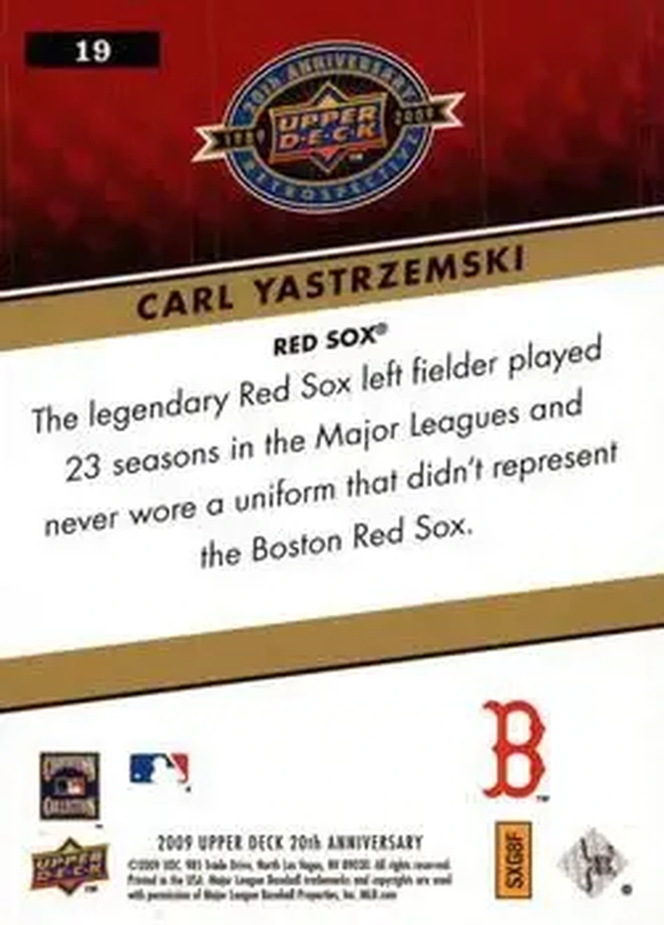2009 Upper Deck 20th Anniversary #19 - Carl Yastrzemski - Boston Red Sox - Back