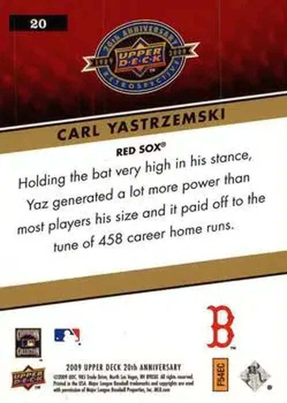 2009 Upper Deck 20th Anniversary #20 - Carl Yastrzemski - Boston Red Sox - Back