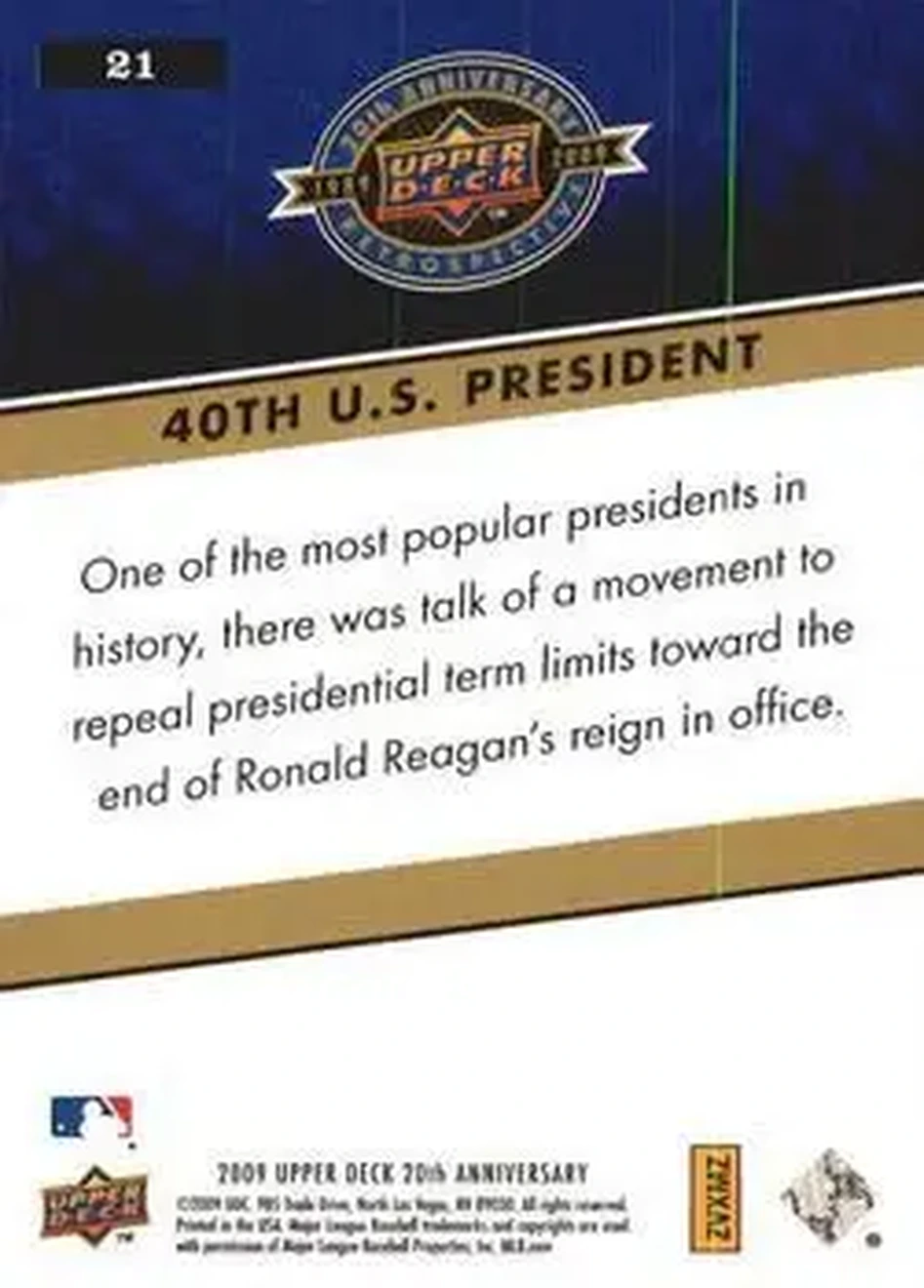 2009 Upper Deck 20th Anniversary #21 - 40th U.S. President - Back