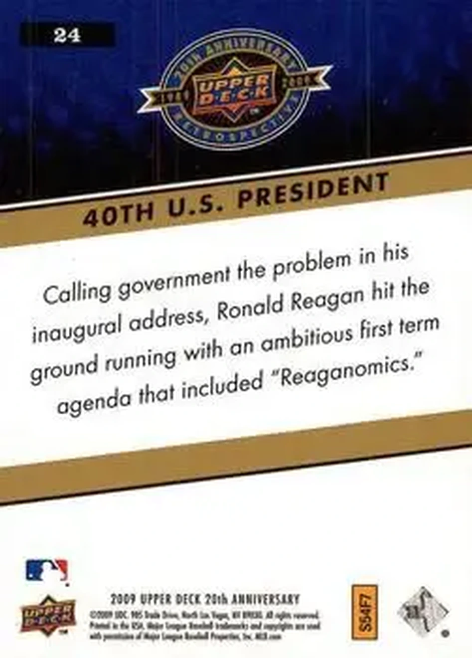 2009 Upper Deck 20th Anniversary #24 - 40th U.S. President - Back