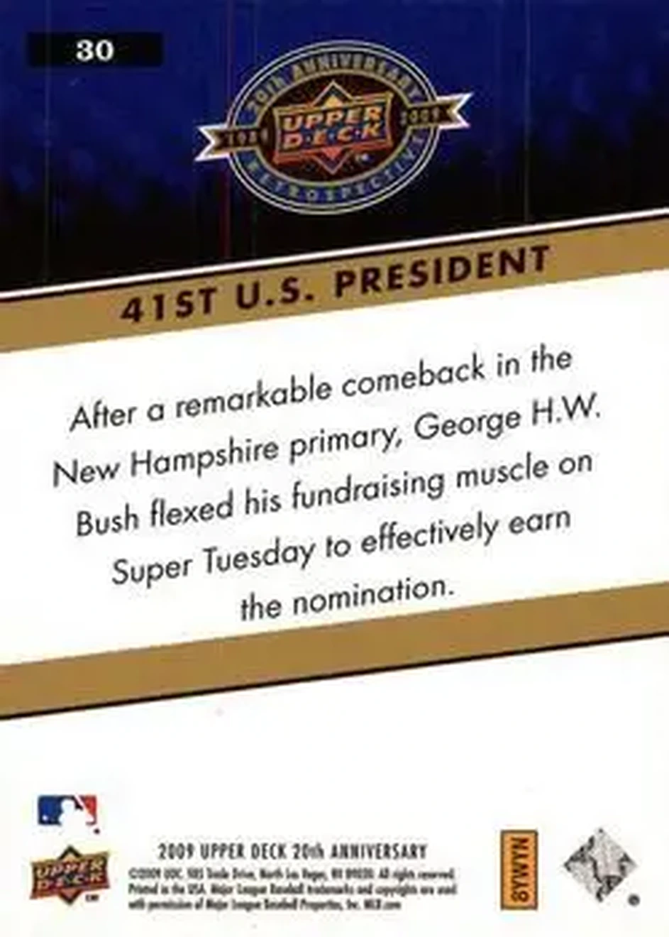 2009 Upper Deck 20th Anniversary #30 - 41st U.S. President - Back