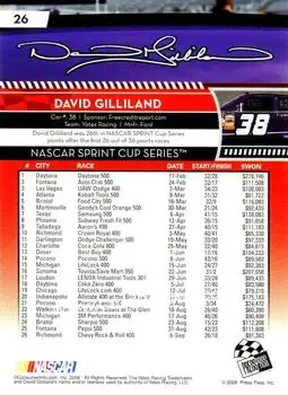 2009 Press Pass #26 - David Gilliland - Yates Racing - Back