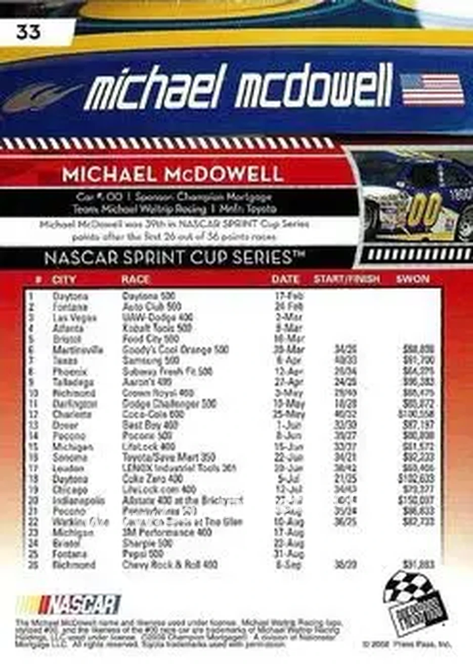 2009 Press Pass #33 - Michael McDowell - Michael Waltrip Racing - Back