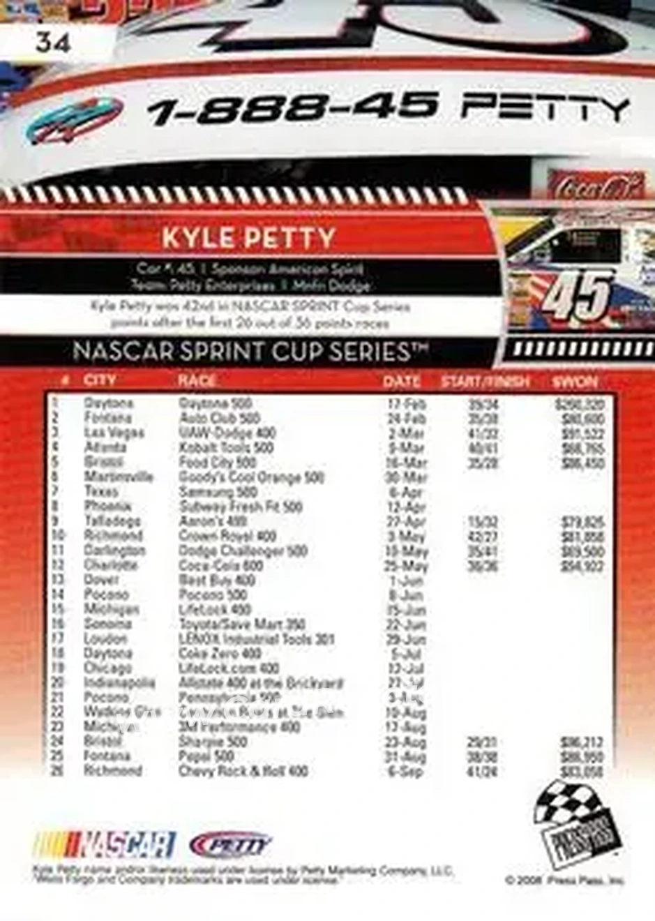 2009 Press Pass #34 - Kyle Petty - Petty Enterprises - Back