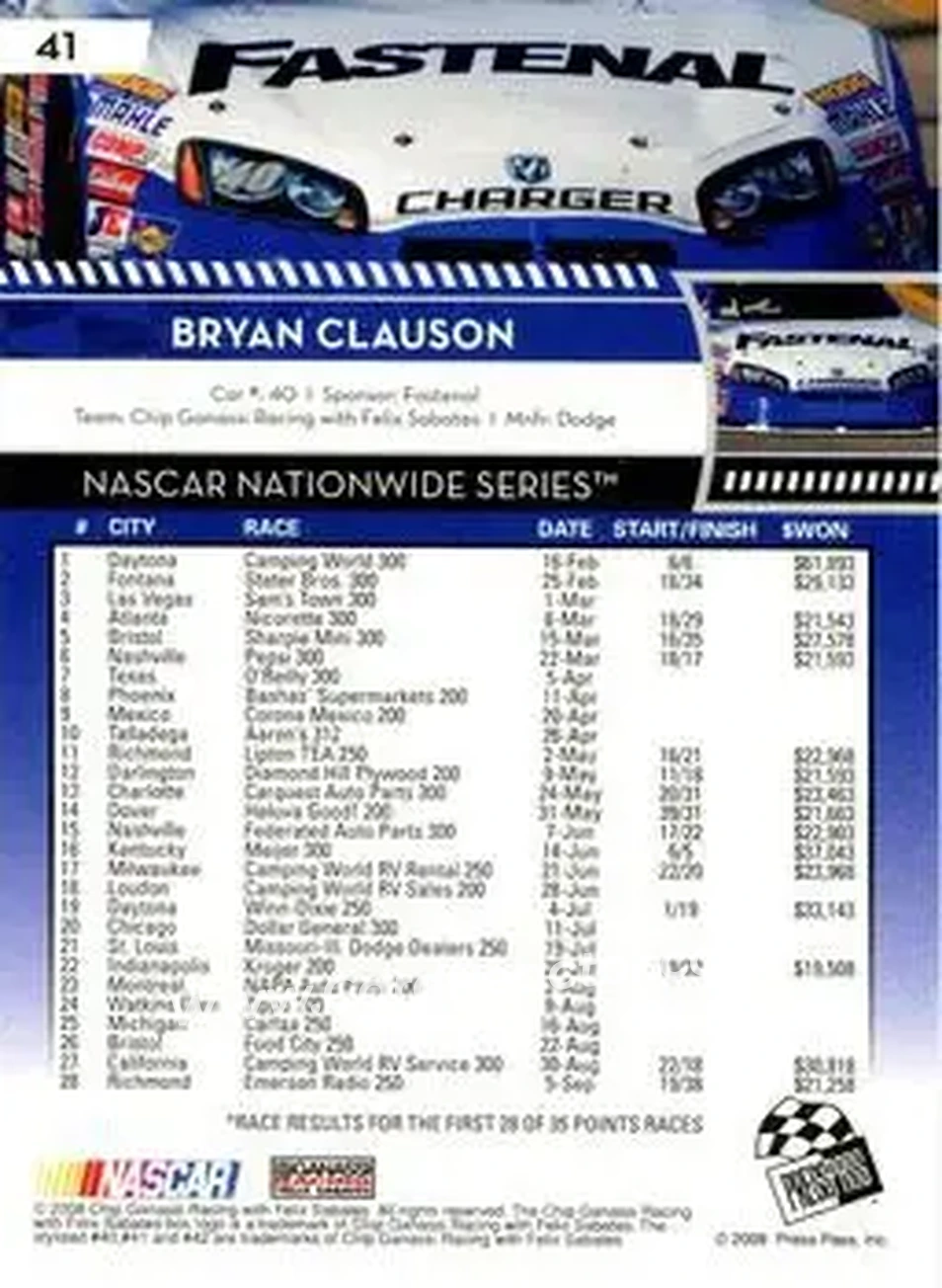 2009 Press Pass #41 - Bryan Clauson - Chip Ganassi Racing with Felix Sabates - Back