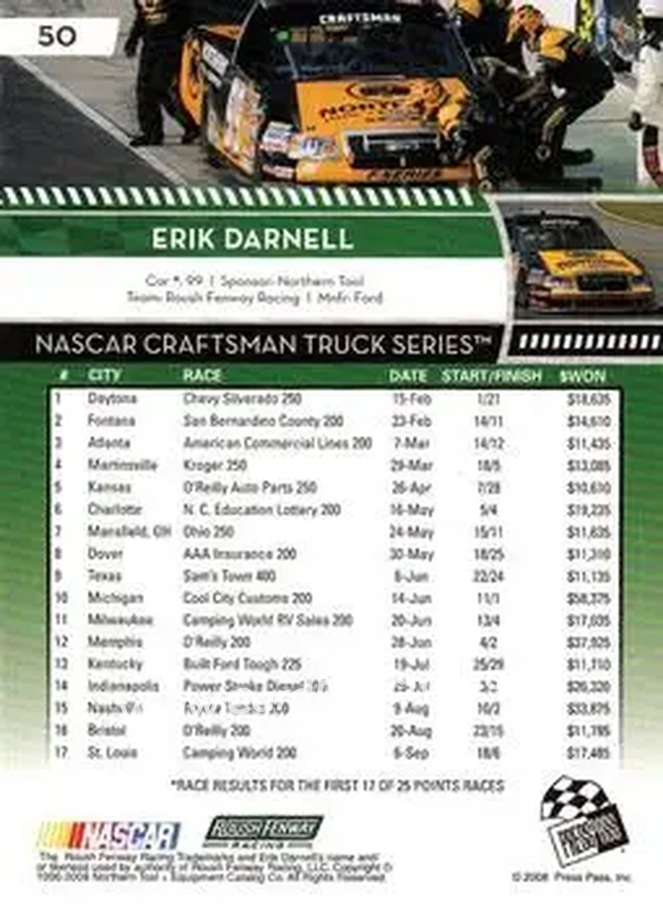 2009 Press Pass #50 - Erik Darnell - Roush Fenway Racing - Back