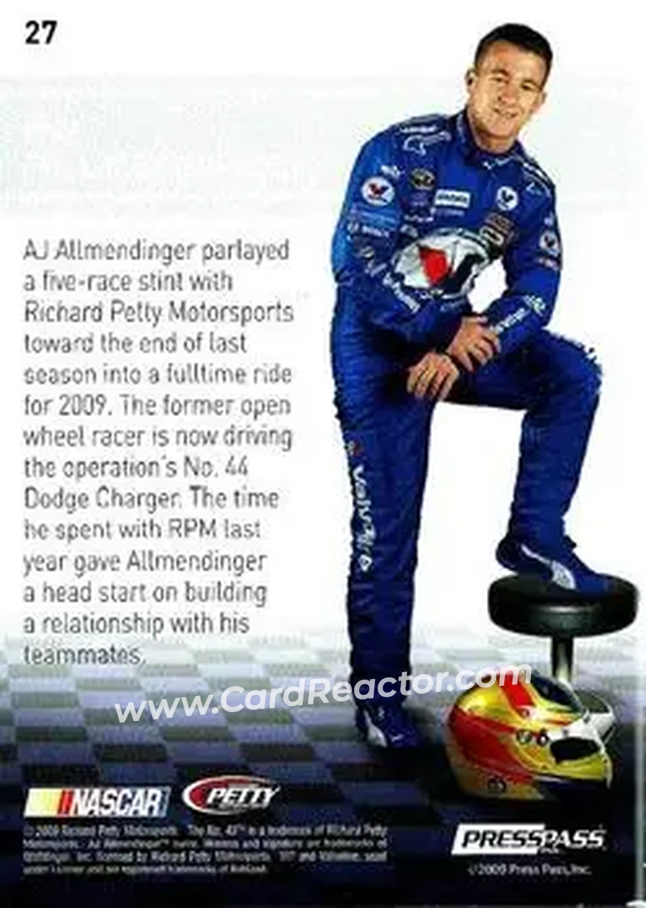 2009 Press Pass Premium #27 - AJ Allmendinger - Richard Petty Motorsports - Back