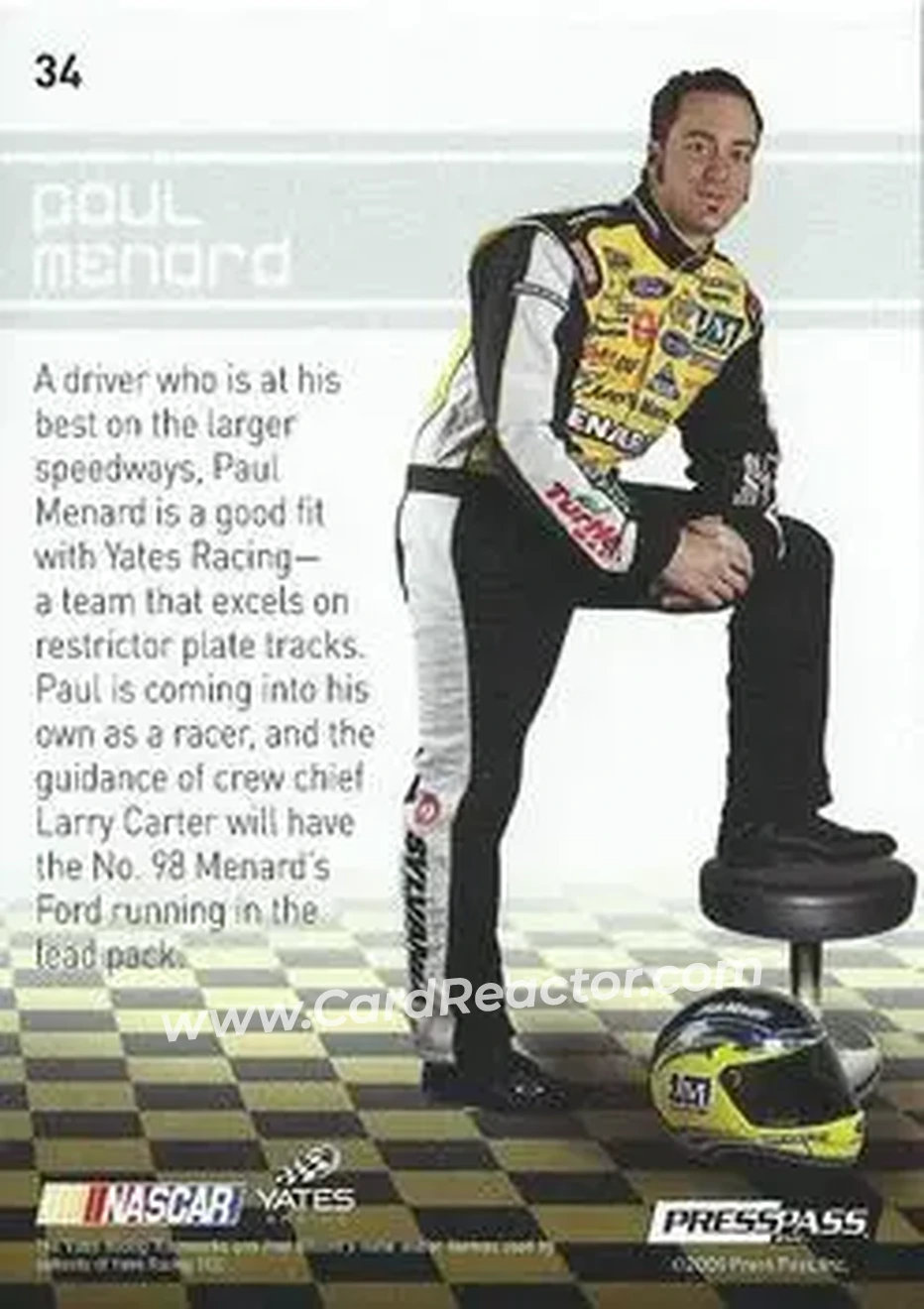2009 Press Pass Premium #34 - Paul Menard - Yates Racing - Back