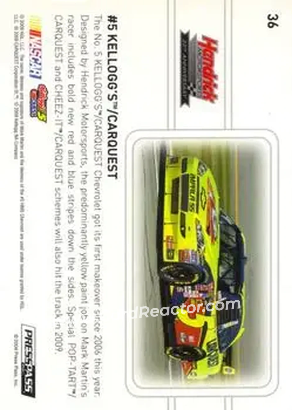 2009 Press Pass Premium #36 - Kellogg's - CarQuest MAC - Hendrick Motorsports - Hendrick Motorsports - Back