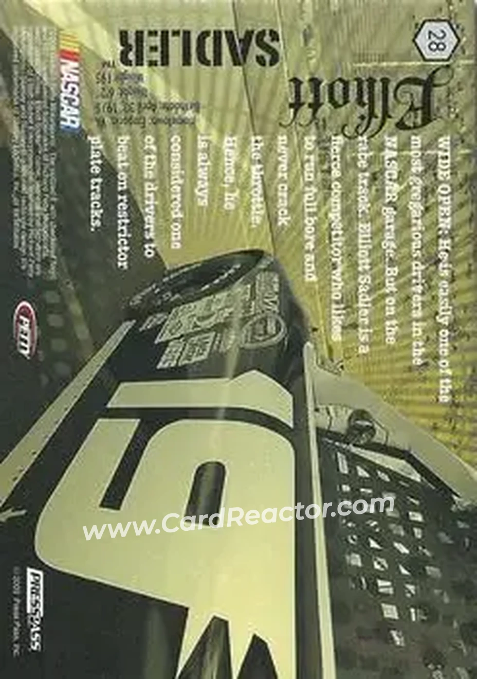 2009 Press Pass VIP #28 - Elliott Sadler - Richard Petty Motorsports - Back