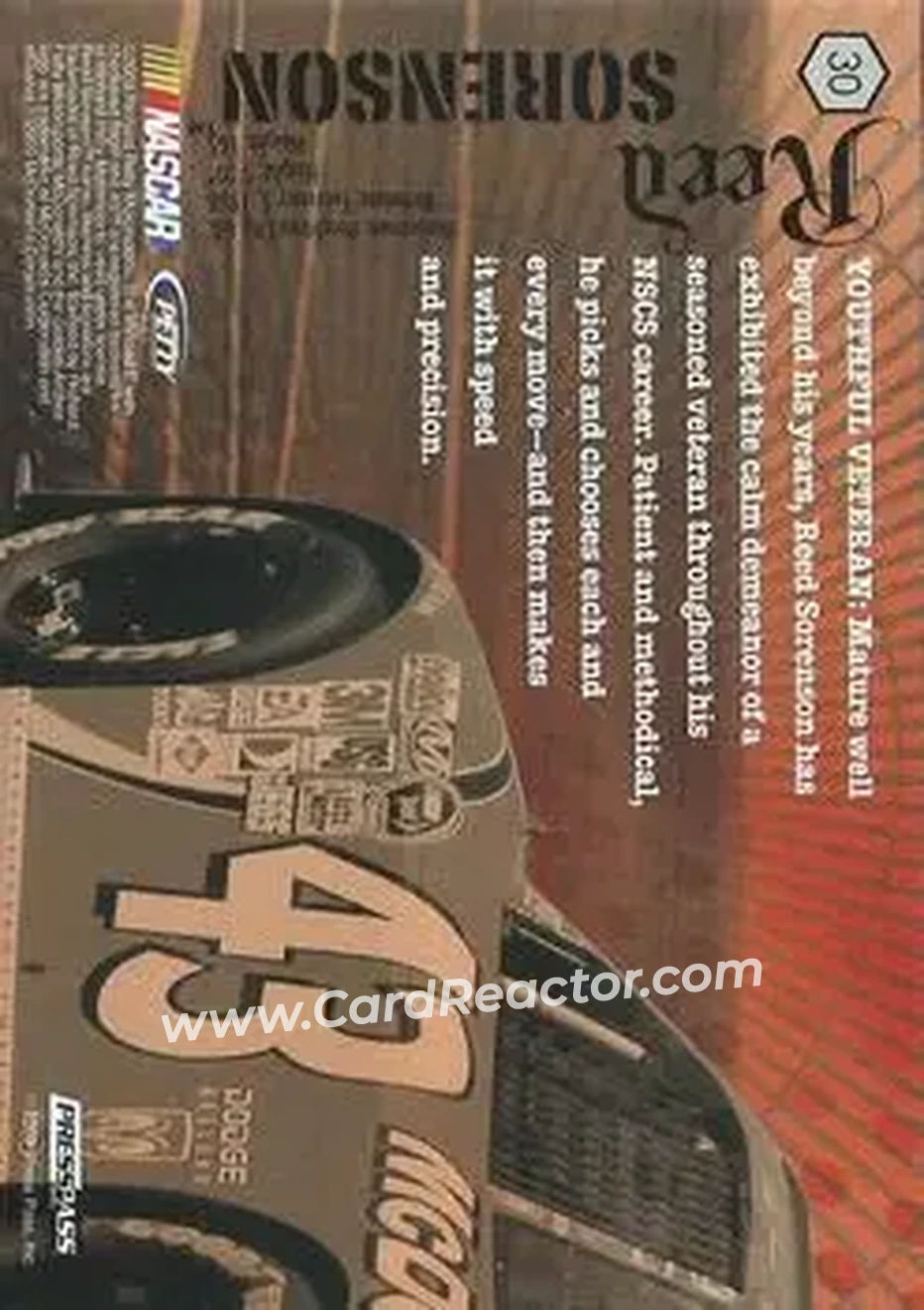 2009 Press Pass VIP #30 - Reed Sorenson - Richard Petty Motorsports - Back