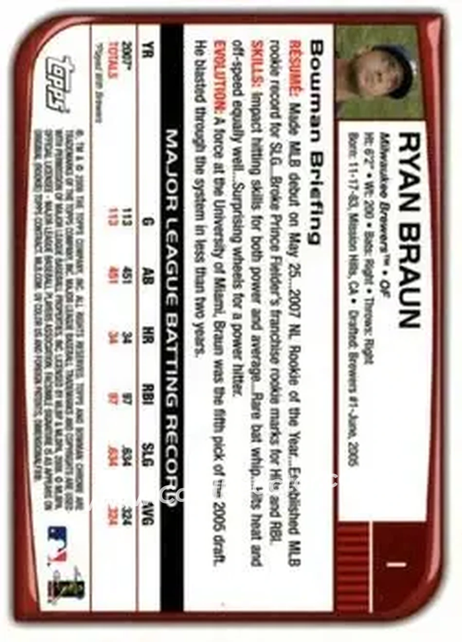 2008 Bowman Chrome #1 - Ryan Braun - Milwaukee Brewers - Back