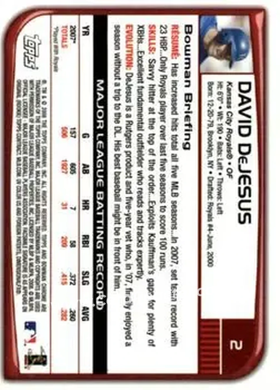 2008 Bowman Chrome #2 - David DeJesus - Kansas City Royals - Back