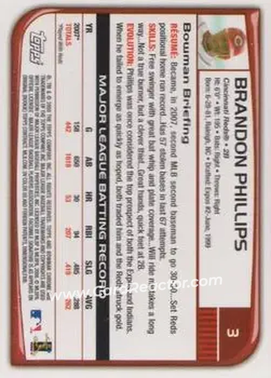 2008 Bowman Chrome #3 - Brandon Phillips - Cincinnati Reds - Back 2008 Bowman Chrome #3 - Brandon Phillips - Cincinnati Reds - Back