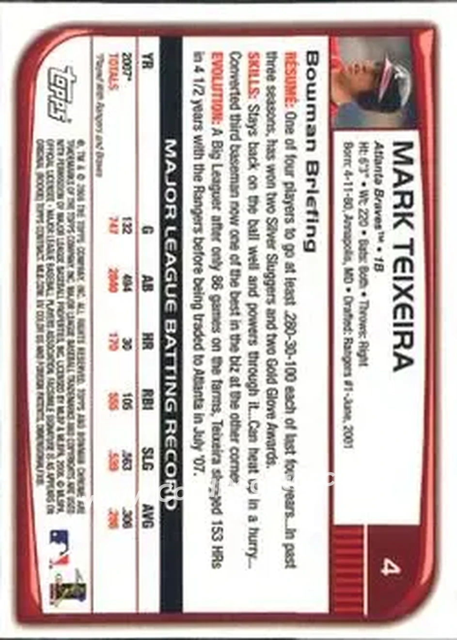 2008 Bowman Chrome #4 - Mark Teixeira - Atlanta Braves - Back