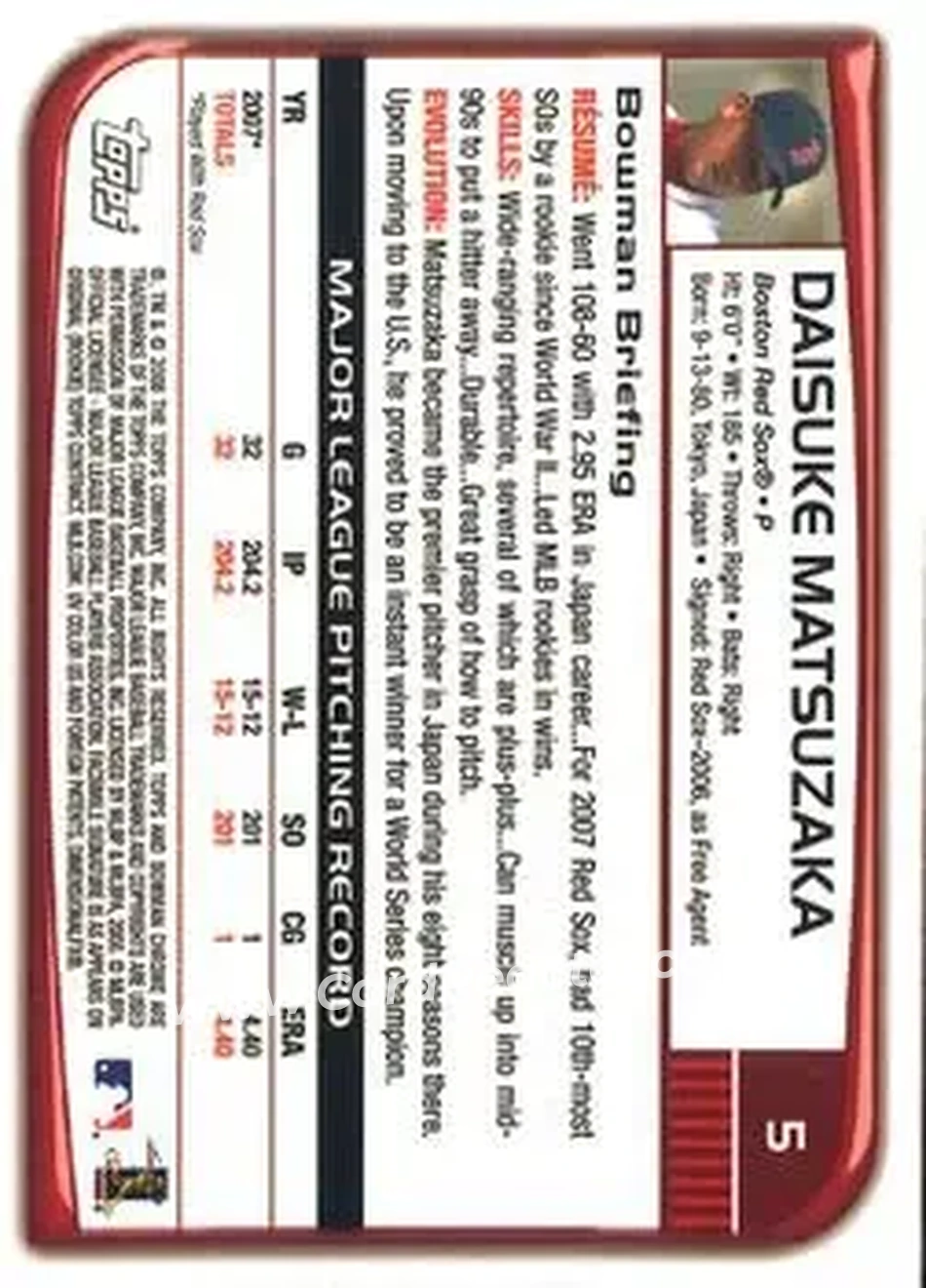 2008 Bowman Chrome #5 - Daisuke Matsuzaka - Boston Red Sox - Back