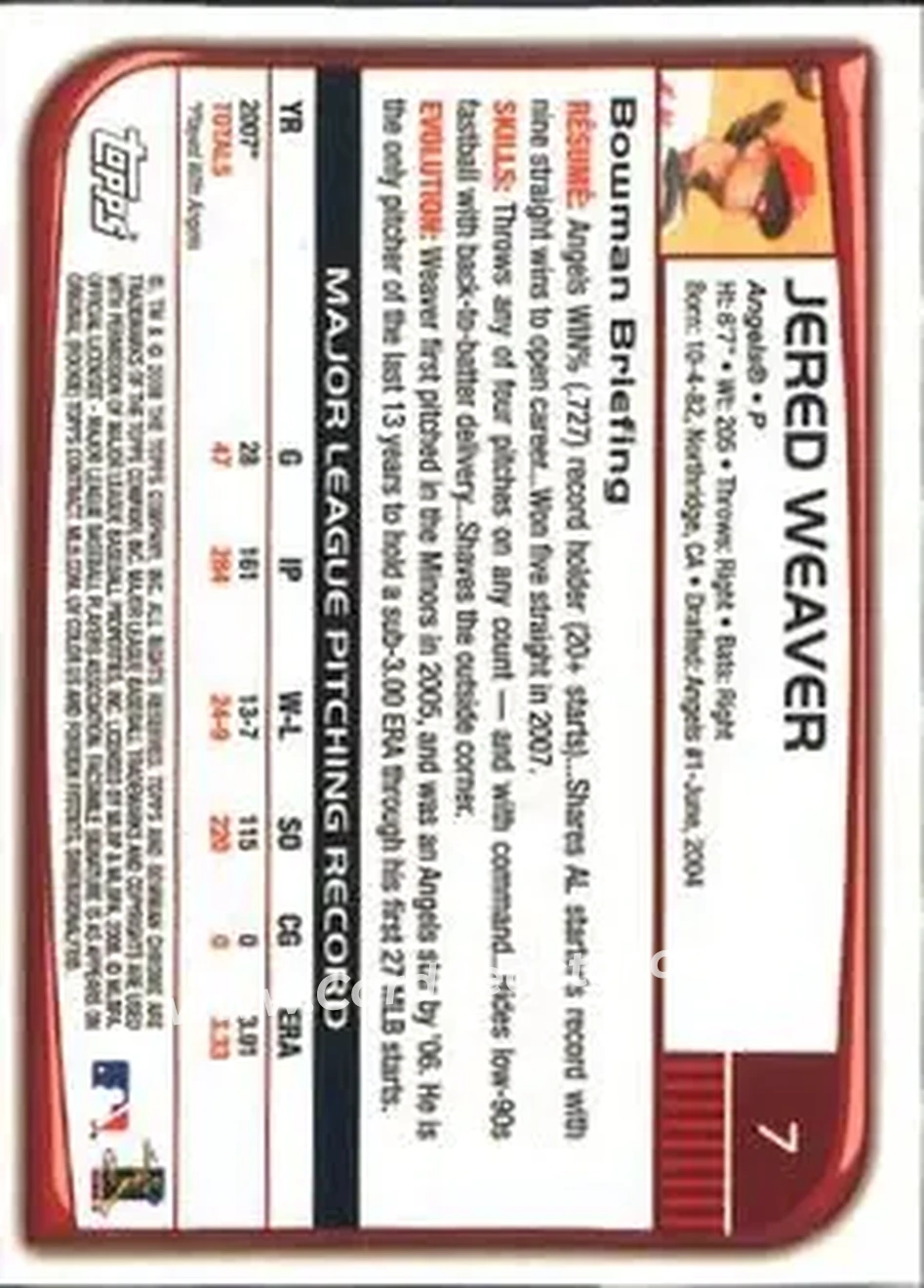 2008 Bowman Chrome #7 - Jered Weaver - Los Angeles Angels - Back