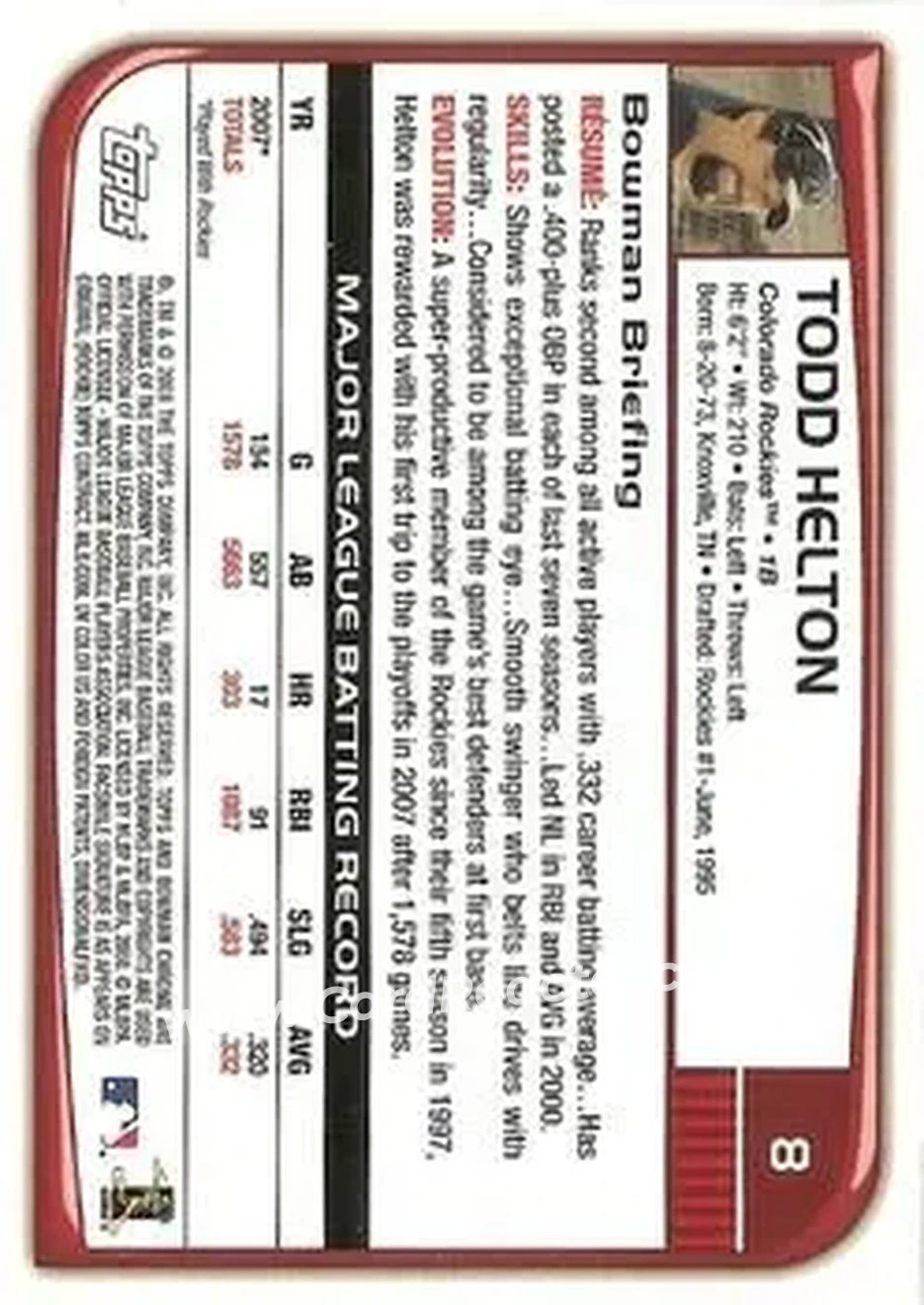 2008 Bowman Chrome #8 - Todd Helton - Colorado Rockies - Back 2008 Bowman Chrome #8 - Todd Helton - Colorado Rockies - Back