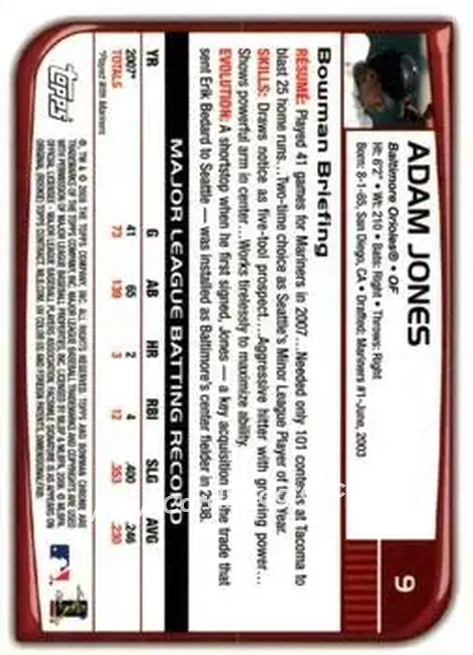 2008 Bowman Chrome #9 - Adam Jones - Baltimore Orioles - Back