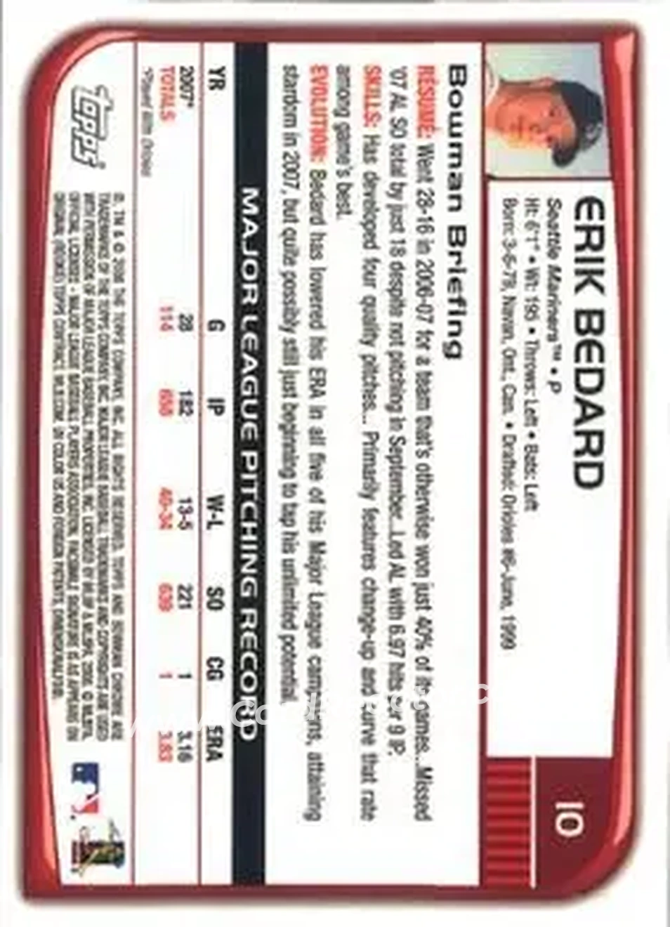 2008 Bowman Chrome #10 - Erik Bedard - Seattle Mariners - Back