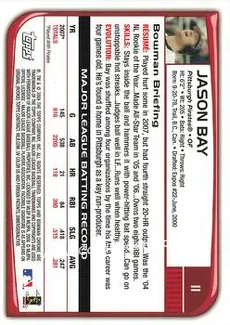 2008 Bowman Chrome #11 - Jason Bay - Pittsburgh Pirates - Back