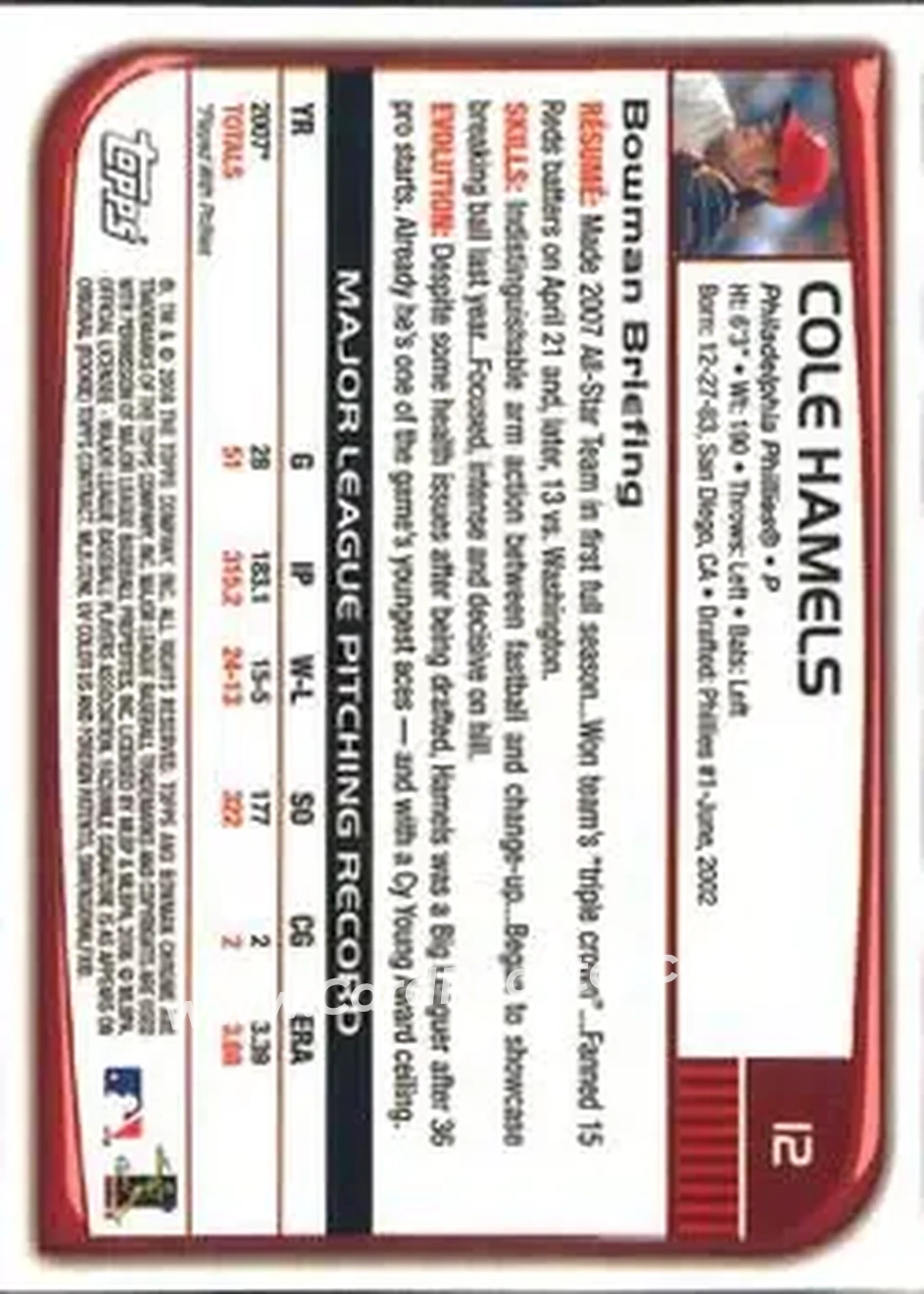 2008 Bowman Chrome #12 - Cole Hamels - Philadelphia Phillies - Back