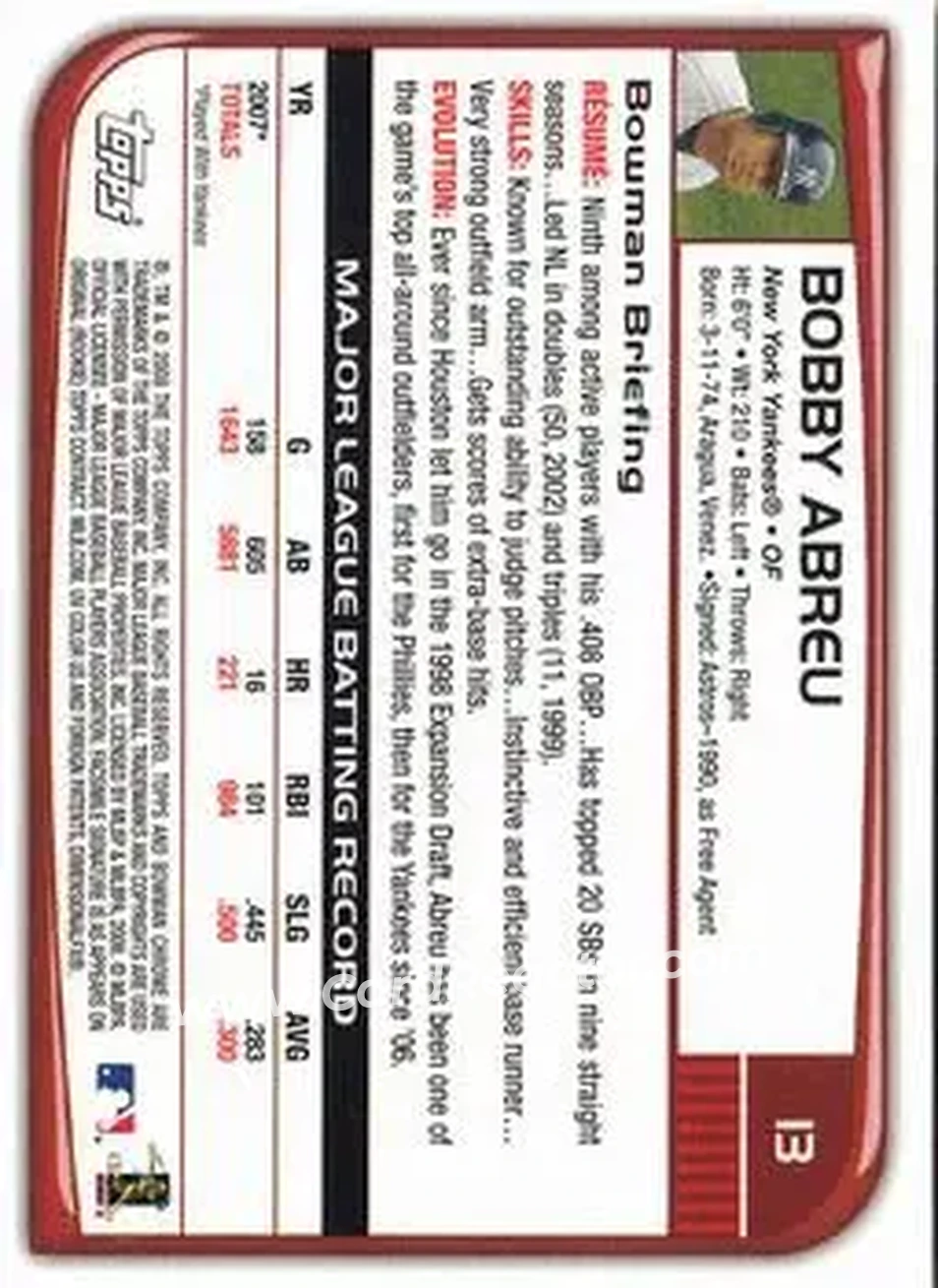 2008 Bowman Chrome #13 - Bob Abreu - New York Yankees - Back