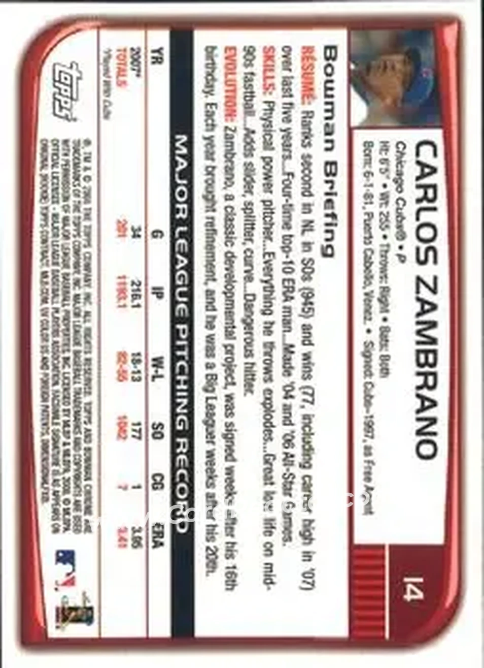2008 Bowman Chrome #14 - Carlos Zambrano - Chicago Cubs - Back 2008 Bowman Chrome #14 - Carlos Zambrano - Chicago Cubs - Back