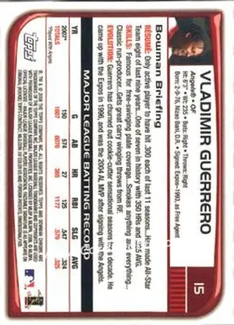 2008 Bowman Chrome #15 - Vladimir Guerrero - Los Angeles Angels - Back