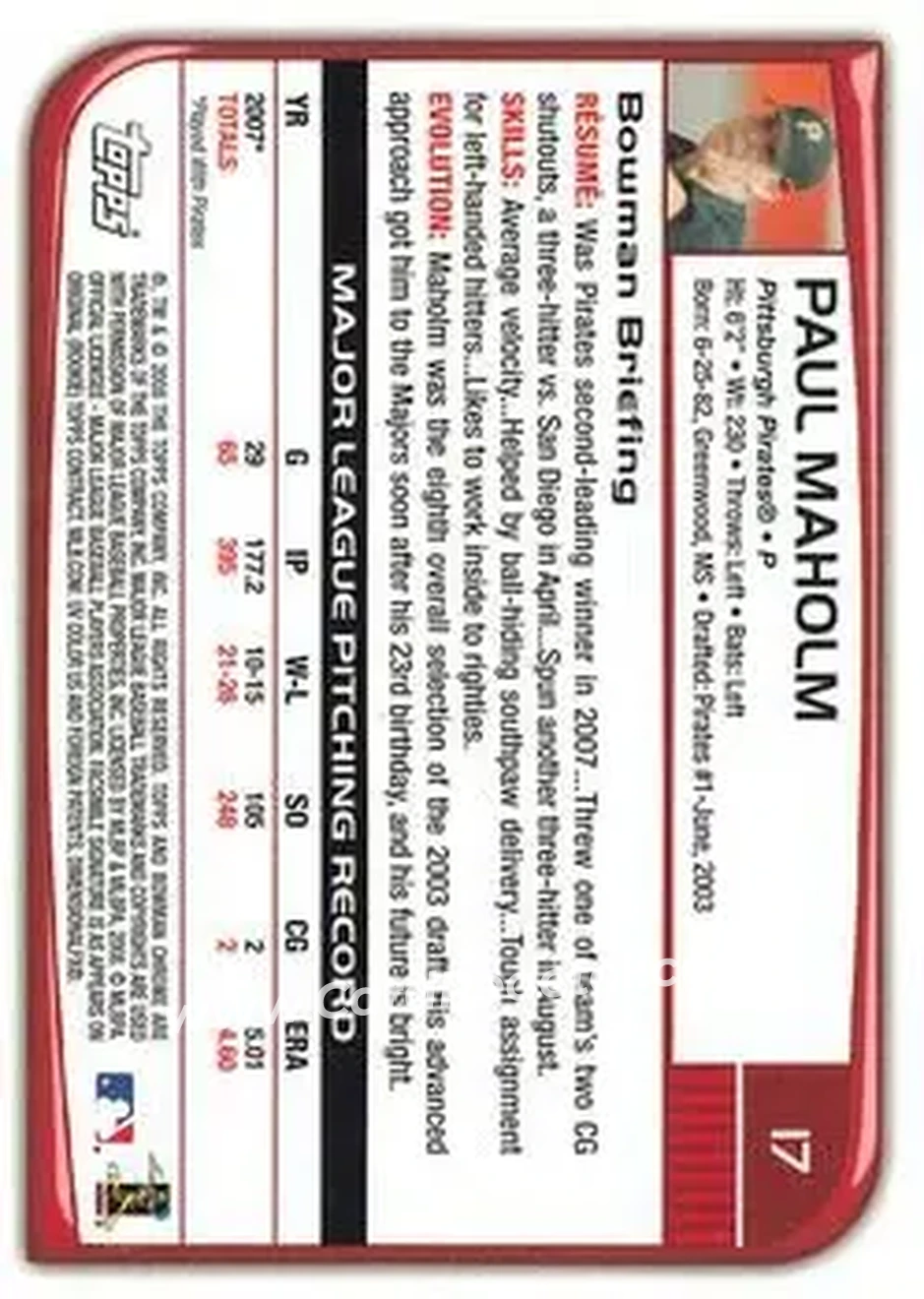 2008 Bowman Chrome #17 - Paul Maholm - Pittsburgh Pirates - Back