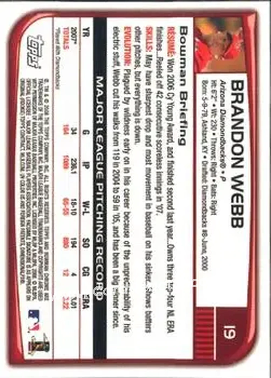 2008 Bowman Chrome #19 - Brandon Webb - Arizona Diamondbacks - Back