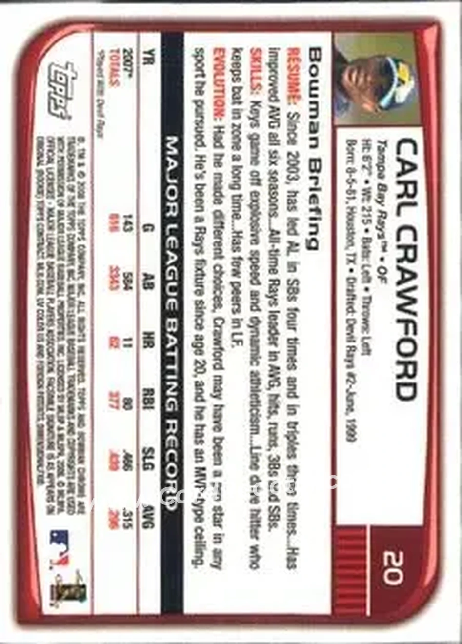 2008 Bowman Chrome #20 - Carl Crawford - Tampa Bay Rays - Back