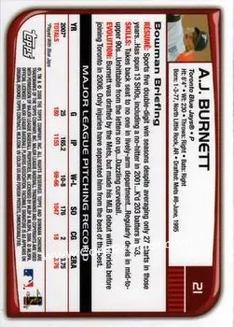 2008 Bowman Chrome #21 - A.J. Burnett - Toronto Blue Jays - Back 2008 Bowman Chrome #21 - A.J. Burnett - Toronto Blue Jays - Back