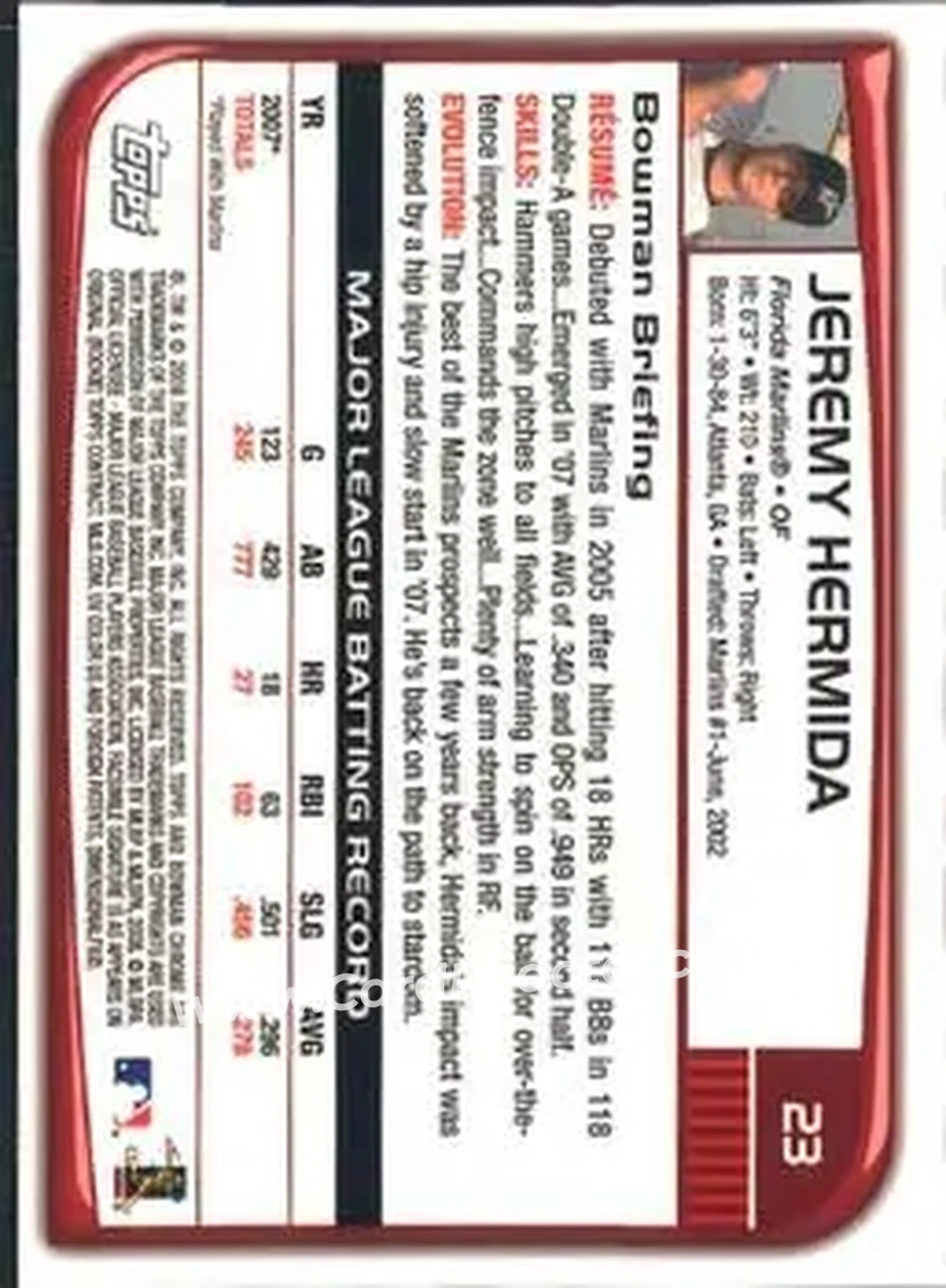 2008 Bowman Chrome #23 - Jeremy Hermida - Florida Marlins - Back