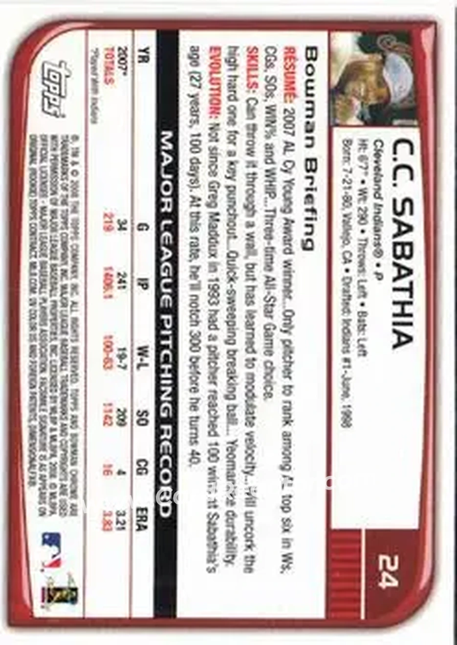 2008 Bowman Chrome #24 - CC Sabathia - Cleveland Indians - Back