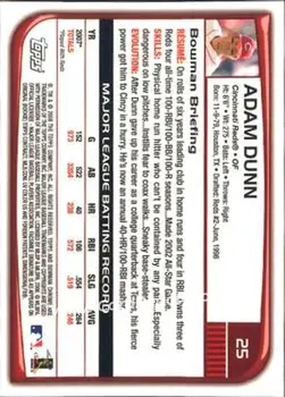 2008 Bowman Chrome #25 - Adam Dunn - Cincinnati Reds - Back