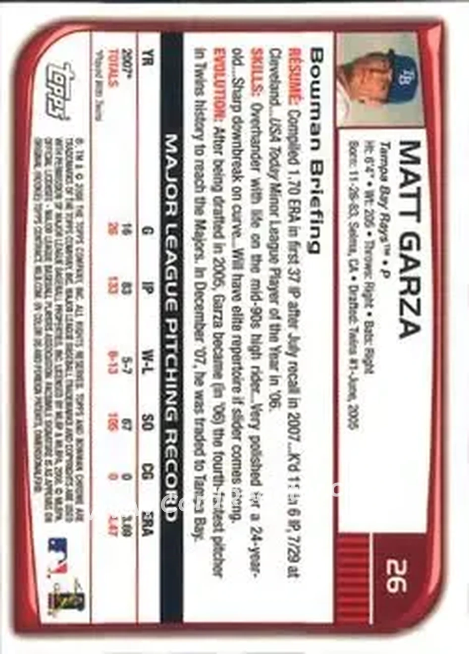 2008 Bowman Chrome #26 - Matt Garza - Tampa Bay Rays - Back 2008 Bowman Chrome #26 - Matt Garza - Tampa Bay Rays - Back